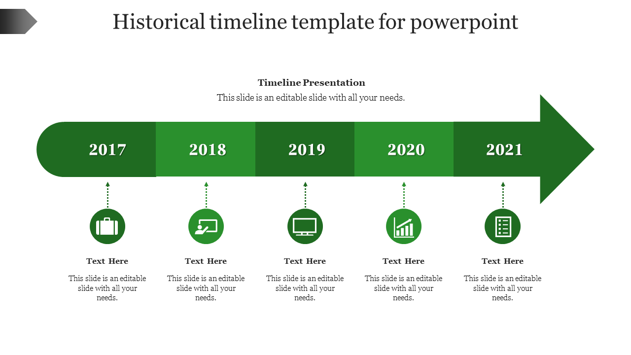 Historical timeline slide with years 2017 to 2021 in arrow model and green icons for each milestone with placeholder text.