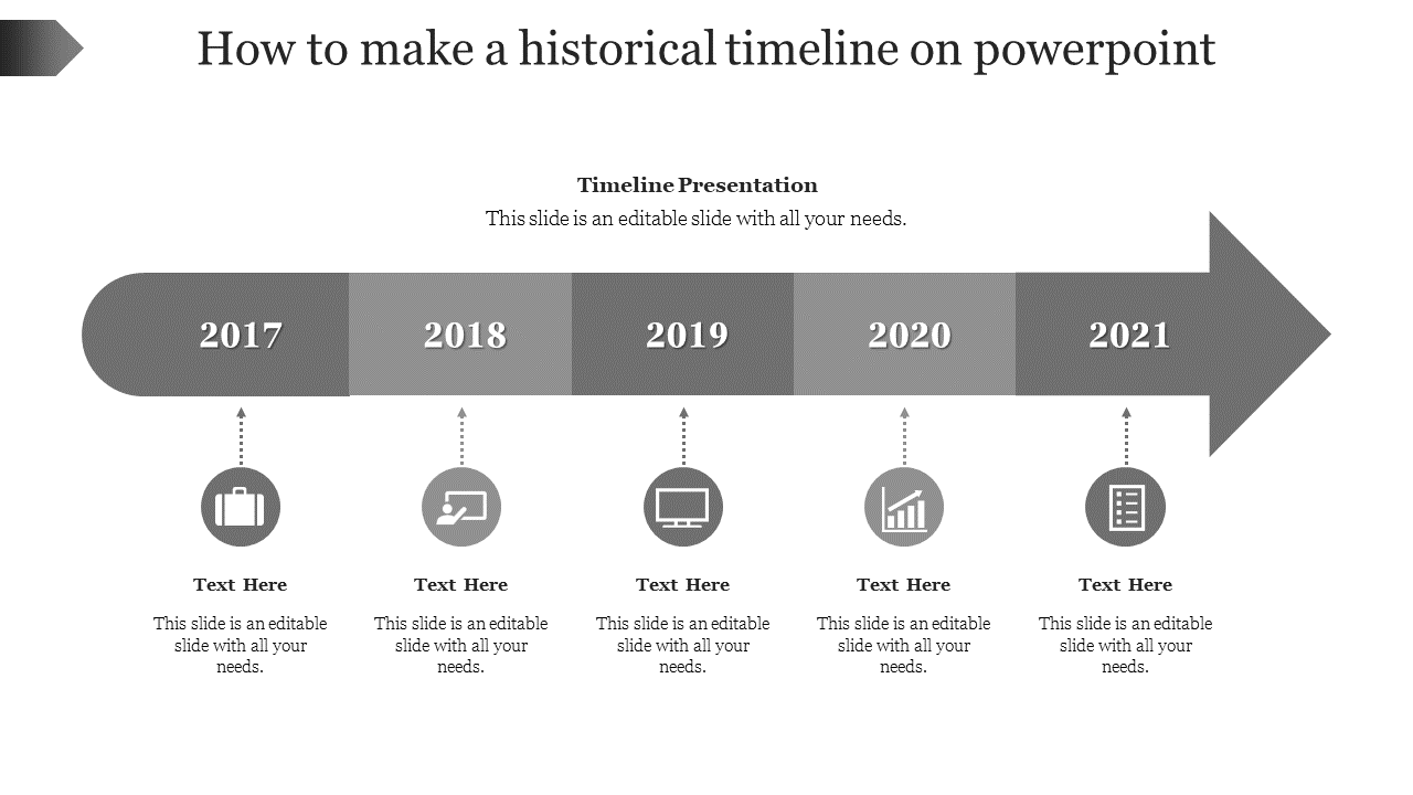 Horizontal timeline with five gray boxes on an arrow pointing right, and dotted lines below with icons and text.