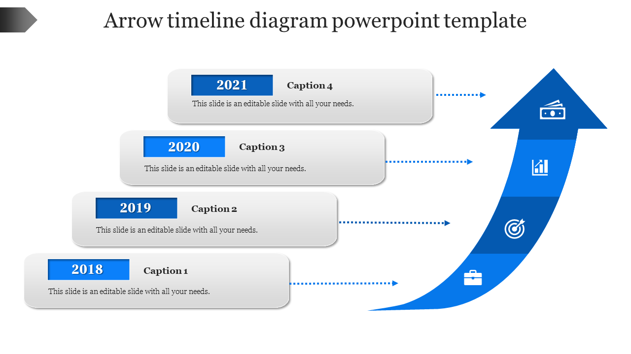 Blue arrow timeline diagram PowerPoint template with four milestones from 2018 to 2021, each containing an icon.