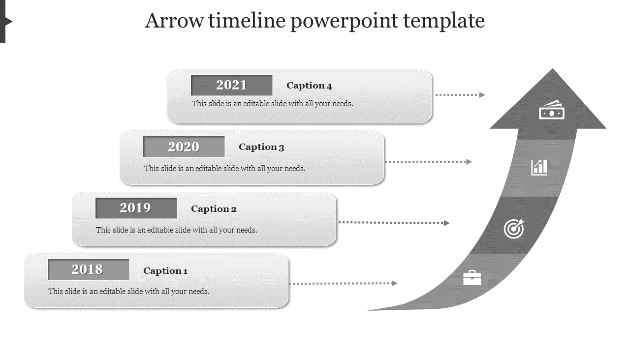 Arrow shaped timeline slide in grayscale, showing events from 2018 to 2021, with captions for each year and icons.