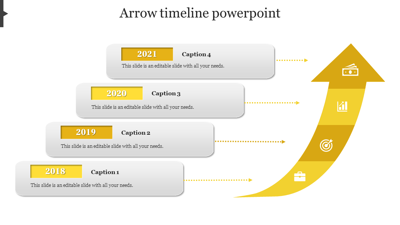 Vertical arrow-shaped timeline illustrating events from 2018 to 2021, with icons representing key milestones.