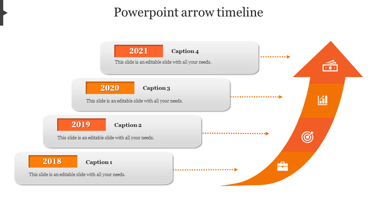 Timeline slide with year labels from 2018 to 2021, and icons for key milestones in an orange upward arrow.