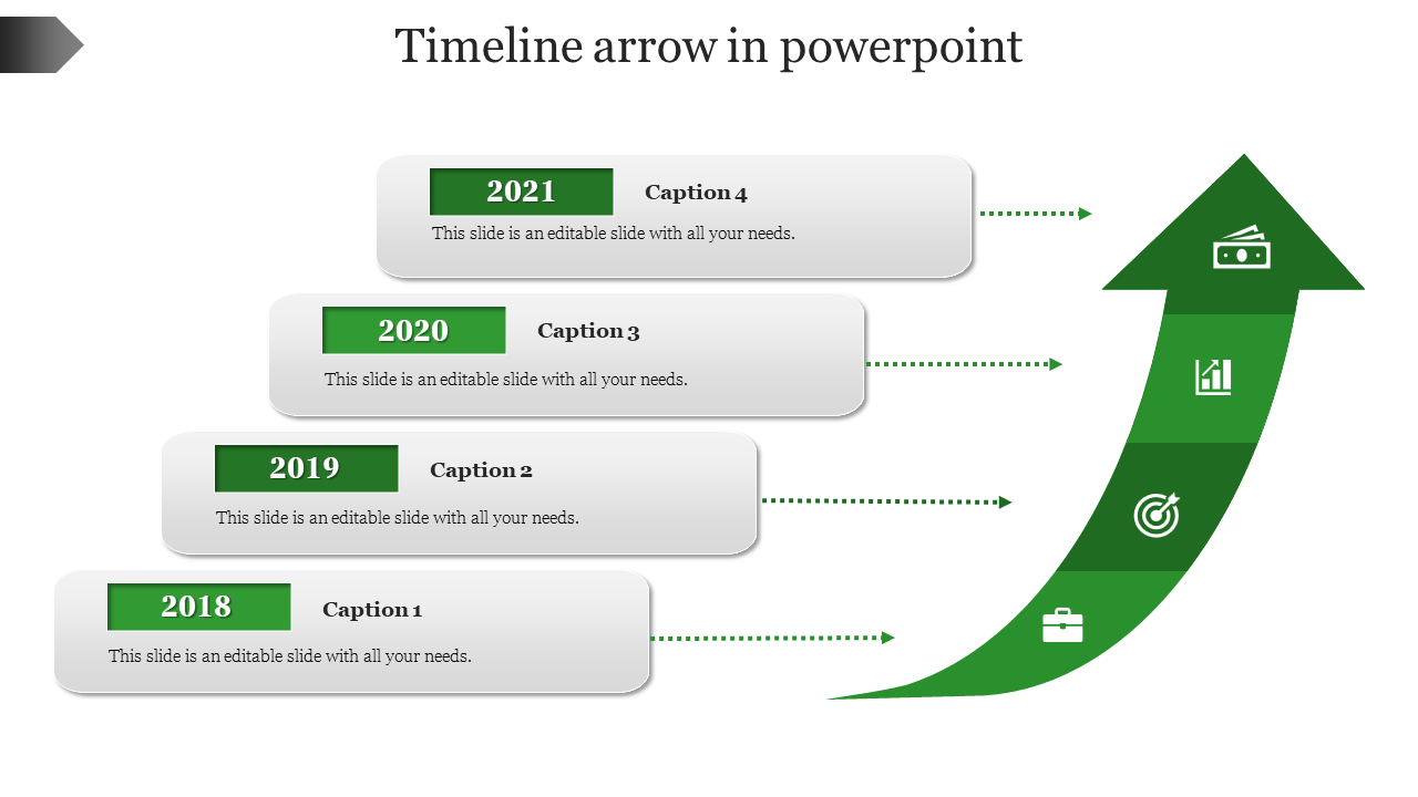 Arrow-shaped timeline with year labels from 2018 to 2021, and placeholders for each year's caption areas.