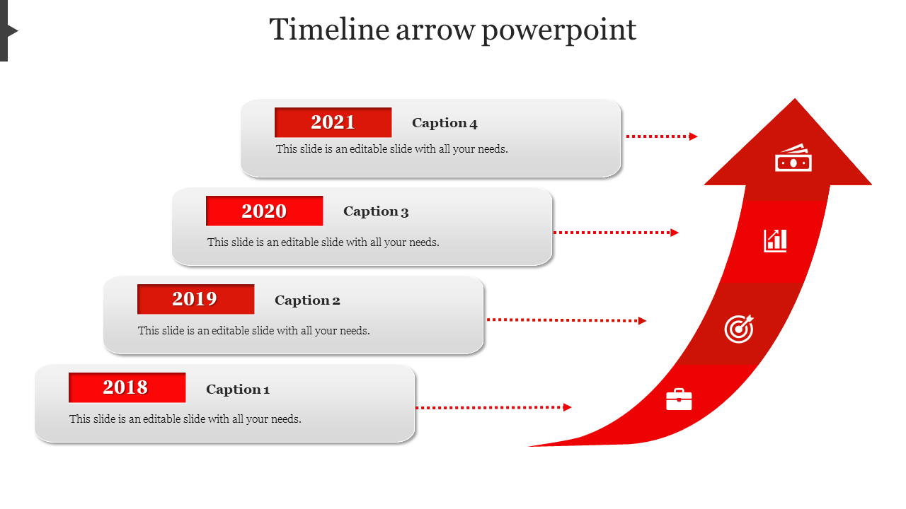 Red arrow timeline diagram PowerPoint template with four milestones from 2018 to 2021, each containing an icon.