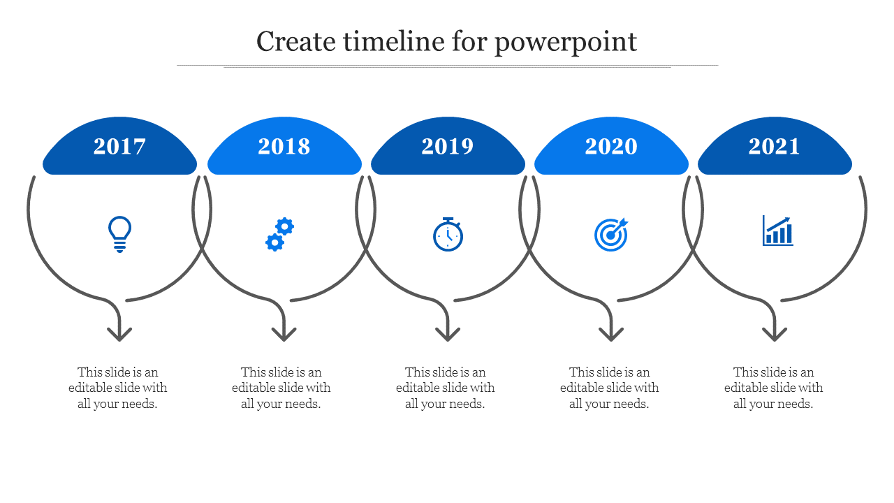 Blue themed timeline with circular year markers for 2017 to 2021, each containing a related icon and downward arrows.