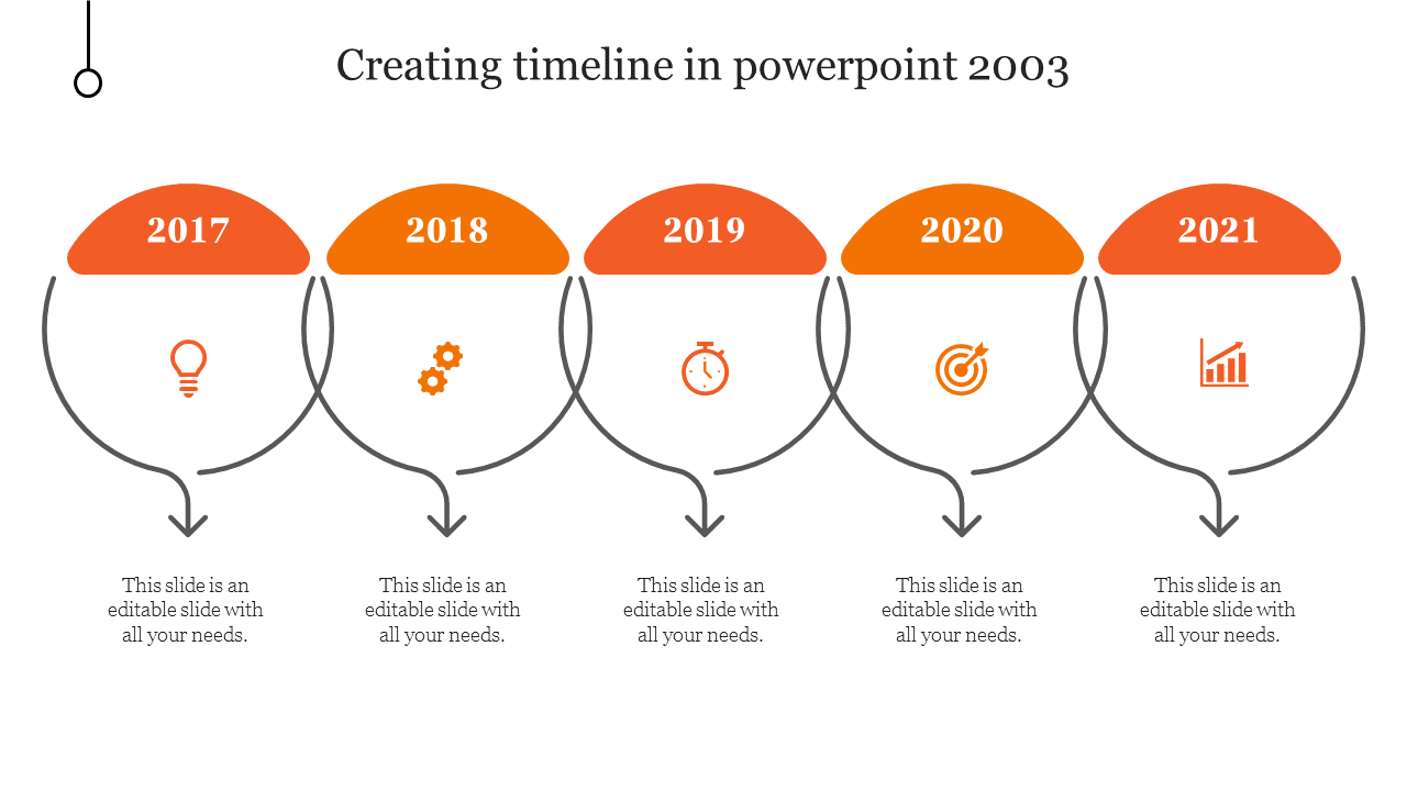 Timeline design featuring five circular labels with orange headers, containing icons and arrows below.