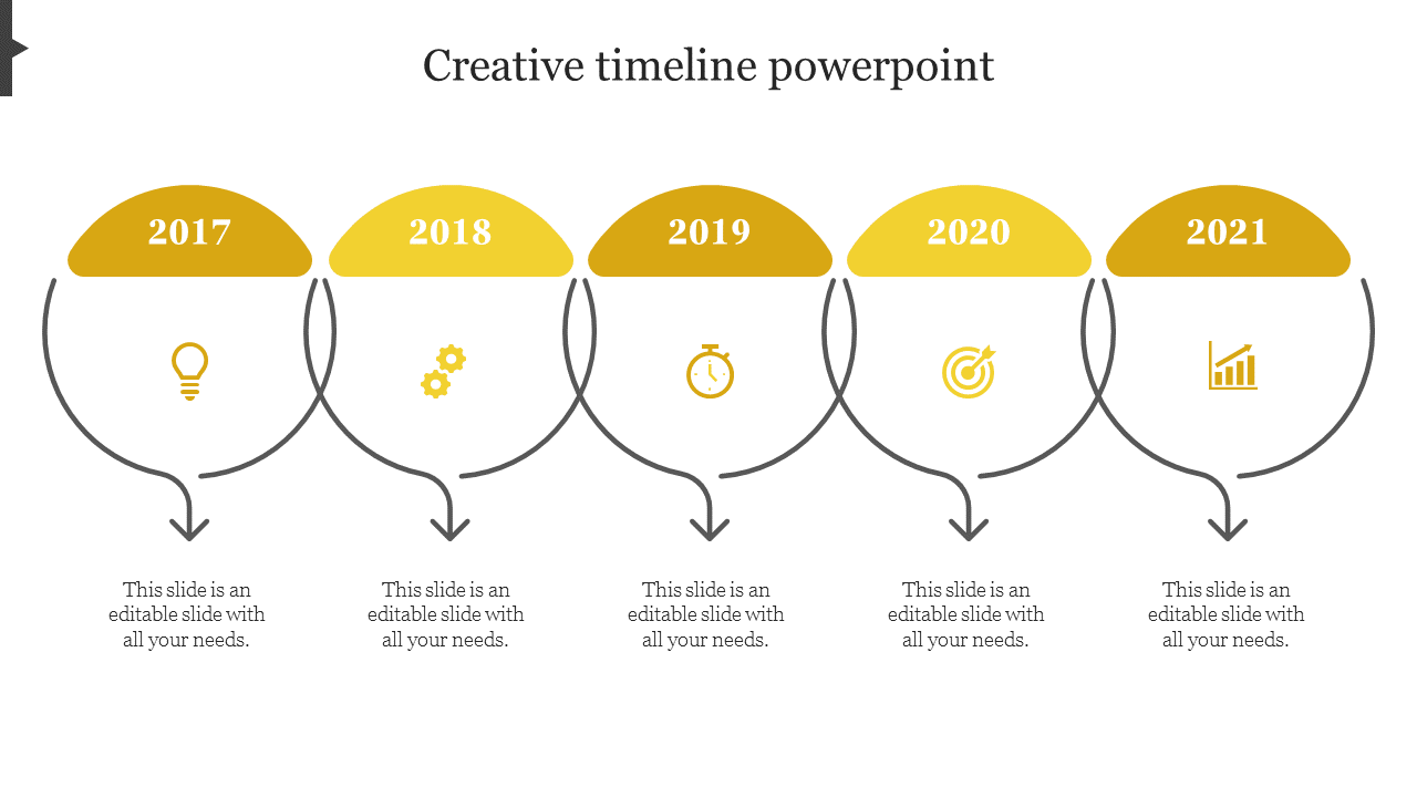 Creating a timeline PowerPoint slide with years from 2017 to 2021, each marked yellow and connected by arrows with text.