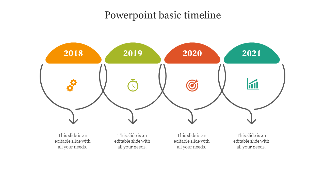 Colorful timeline featuring circles with year markers in orange, green, red, and teal, each with icons and arrows.