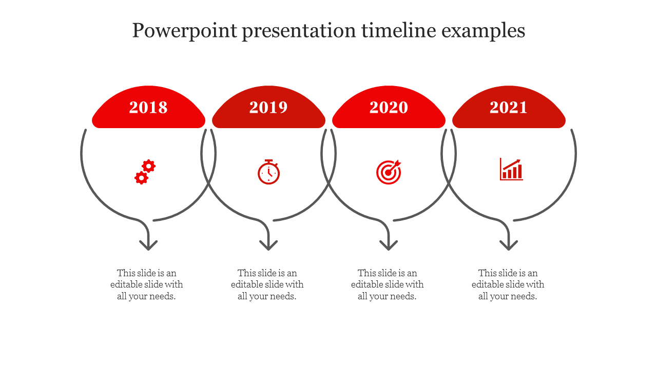 Timeline PPT slide with years 2018 to 2021, each marked by a red icon and connected with arrows and placeholder text.