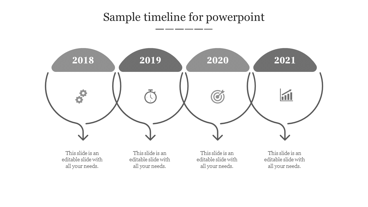 Timeline with gray circular icons for 2018 to 2021, linked with arrows, with minimal text below.