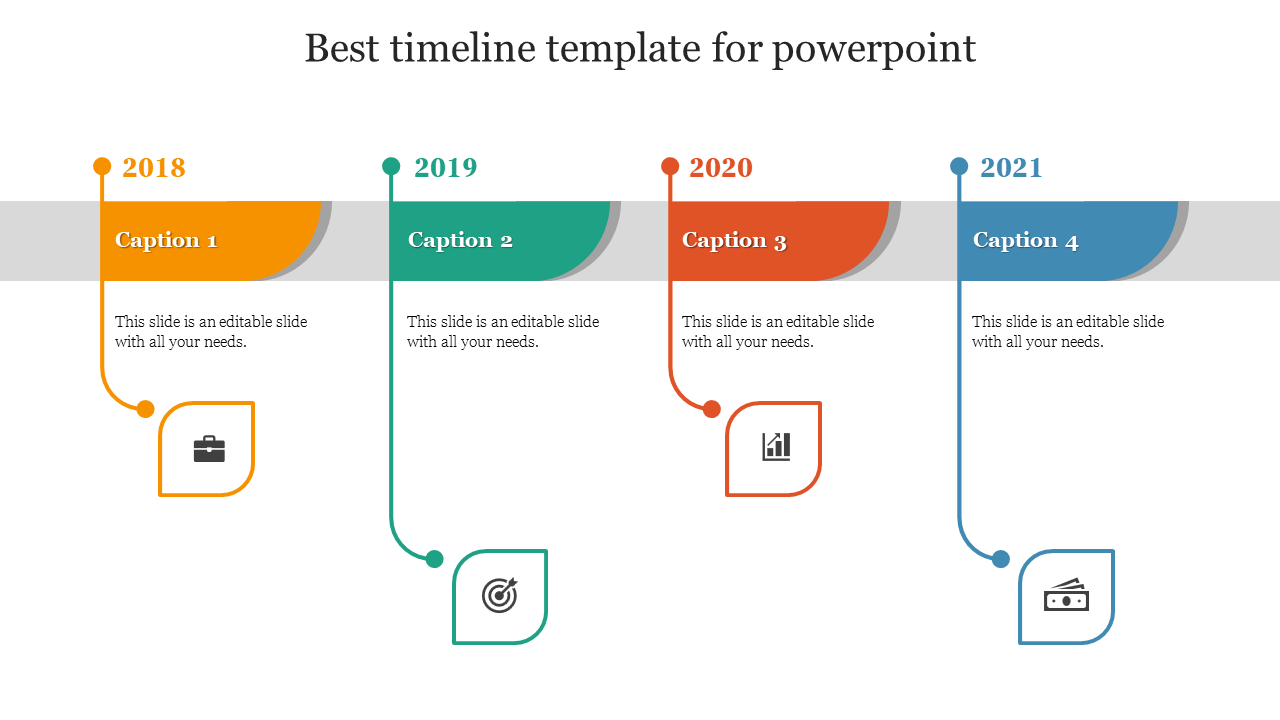 Horizontal timeline with four distinct sections, each labeled with a year, captions, and icons placed in a white background.