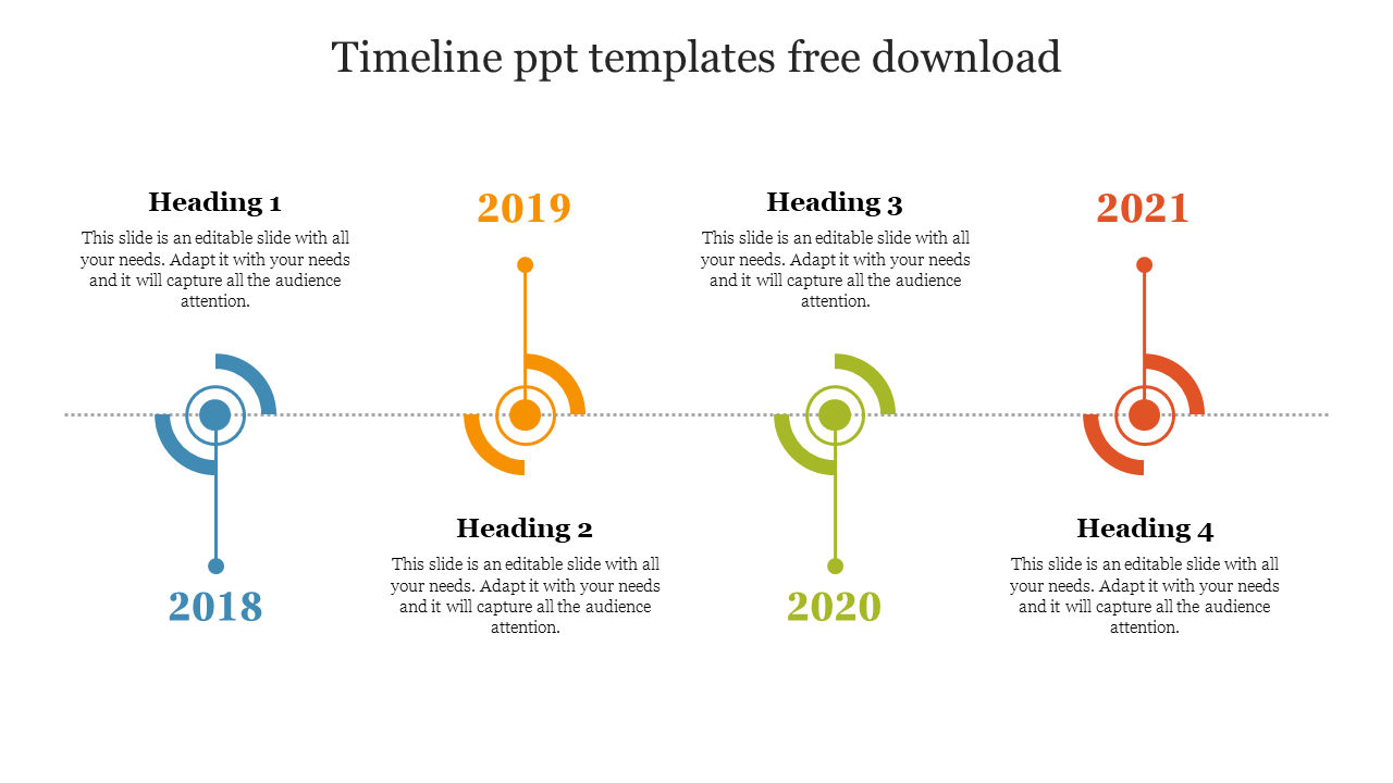 Timeline PPT slide showing events from 2018 to 2021, with colored icons and placeholders for headings and descriptions.