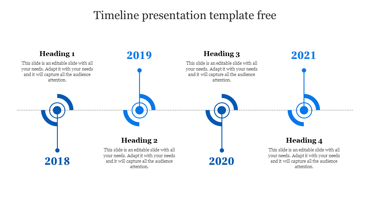 Timeline PPT presentation template with four years from 2018 to 2021, each with a heading and blue circular icons.