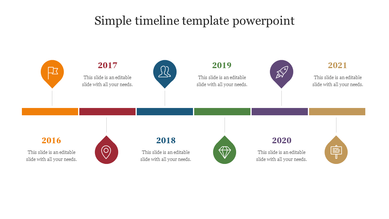 Horizontal timeline with milestones for 2016 to 2021, each marked with colored icons and placeholder areas.