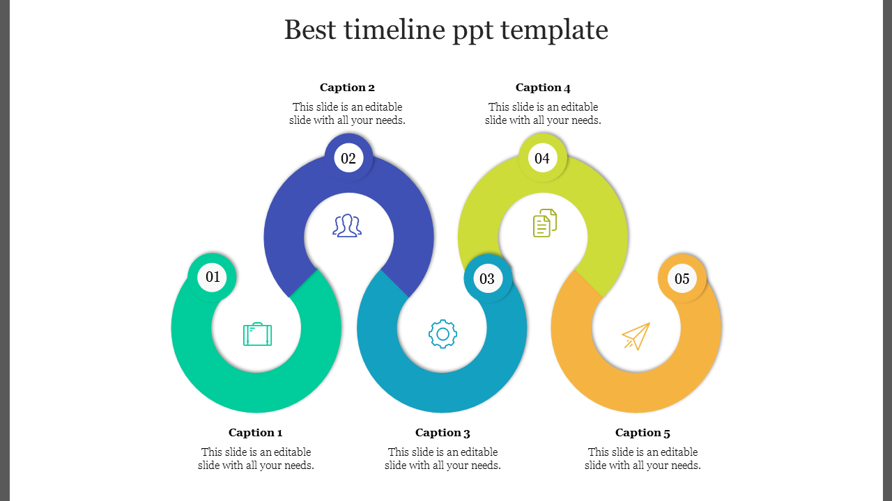 Creative timeline PowerPoint template with five steps, each featuring a unique icon and colorful design with captions.