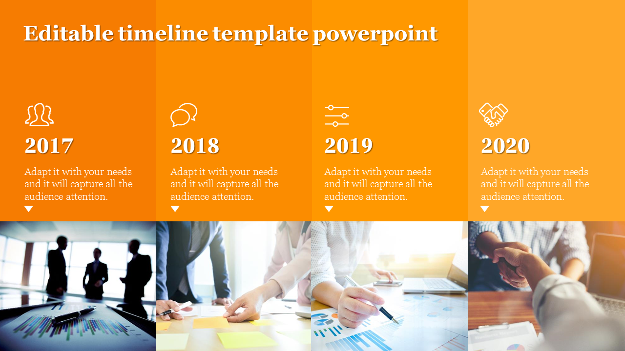 Timeline with four orange sections, each featuring an icon and year, along with business images below.