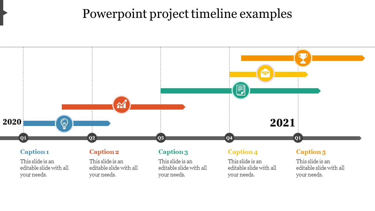 Project timeline slide with quarterly milestones for 2020 and 2021 with colorful arrows and icons for each with caption area.