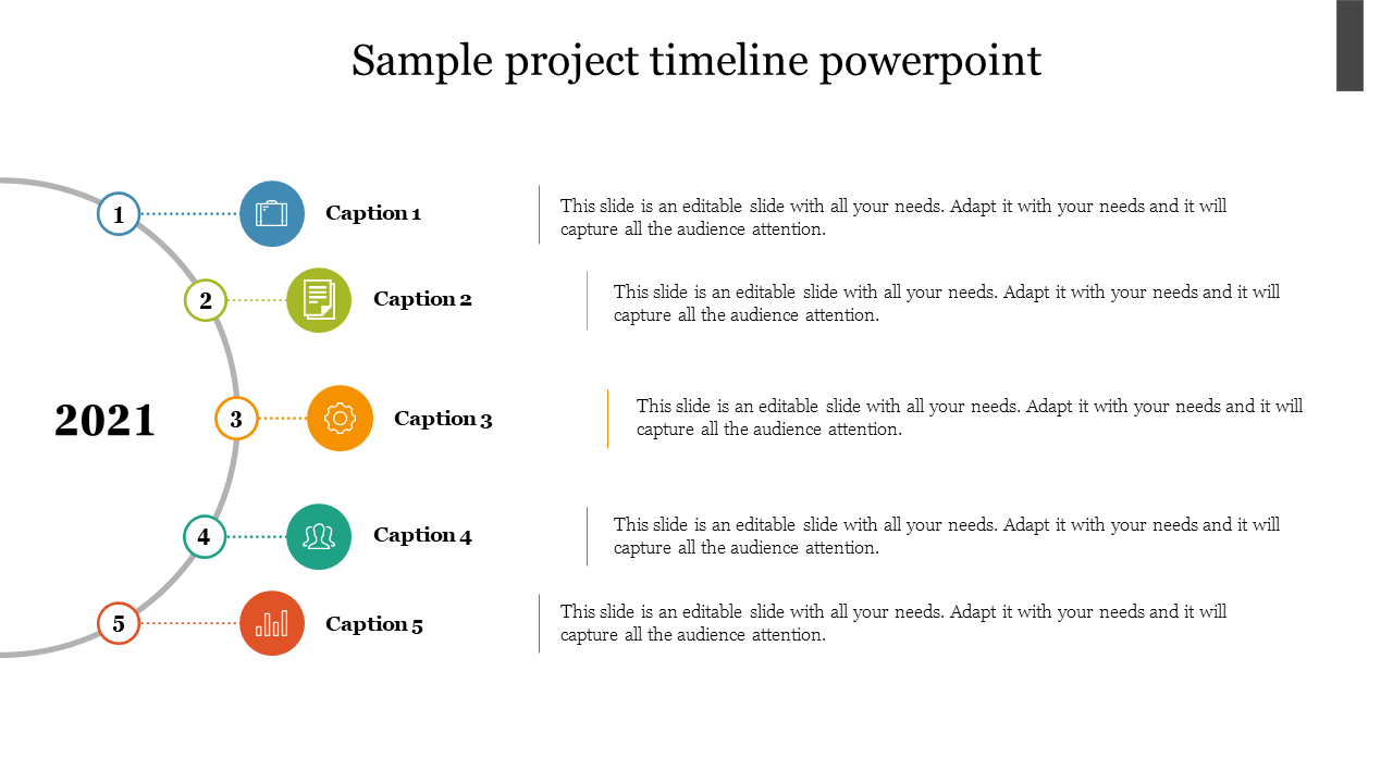 Project timeline PowerPoint template with five phases, each labeled with a specific task or milestone.