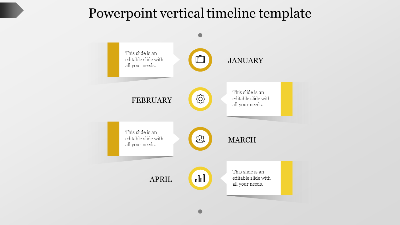 Vertical timeline with yellow accents, showing months from January to April, with icons and text boxes on a light background.