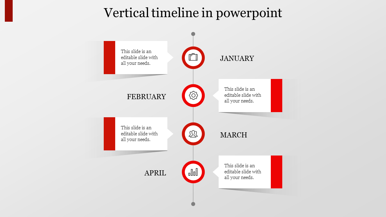 Vertical timeline slide on a gray background with red circular icons connected by a central line, aligned with text boxes.