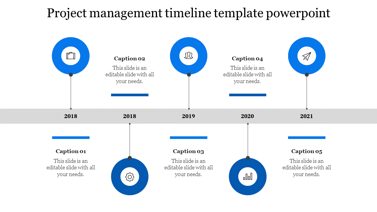 Blue themed timeline with year markers from 2018 to 2021, each represented by a circular icon and captions.