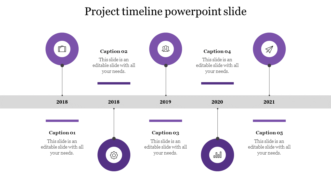 Project timeline PPT slide with years from 2018 to 2021, each year represented by a purple circular icon and a caption.