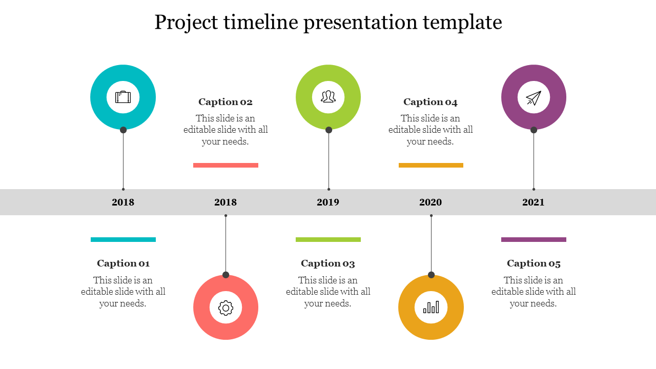 A timeline with five colorful circles and captions, marking key points from 2018 to 2021 in a horizontal layout.