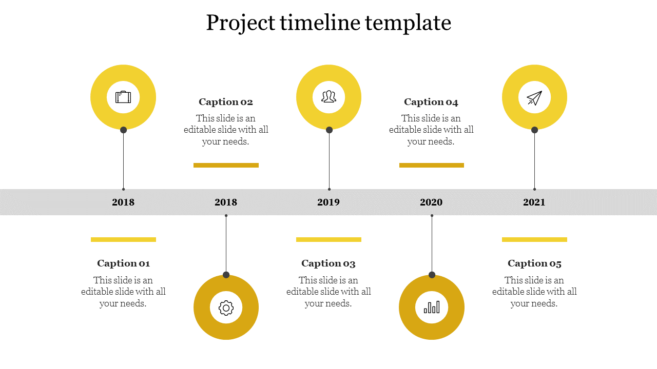 Yellow and gray project timeline from 2018 to 2021 with five milestones, each represented by a distinct circular icons.