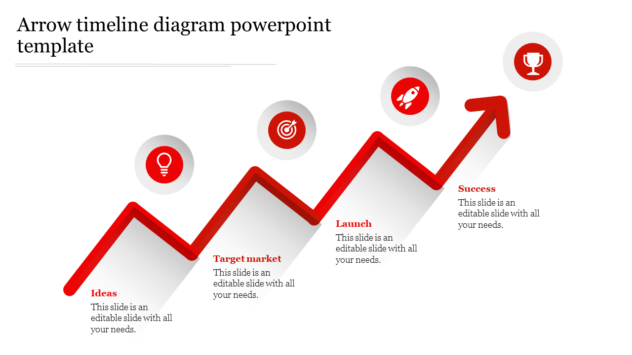 Arrow timeline diagram PowerPoint slide showing steps from ideas to success, with red arrows and icons for each stage.