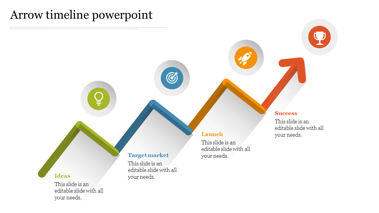 Color coded arrow timeline slide showing four stages each represented with icons and labels.