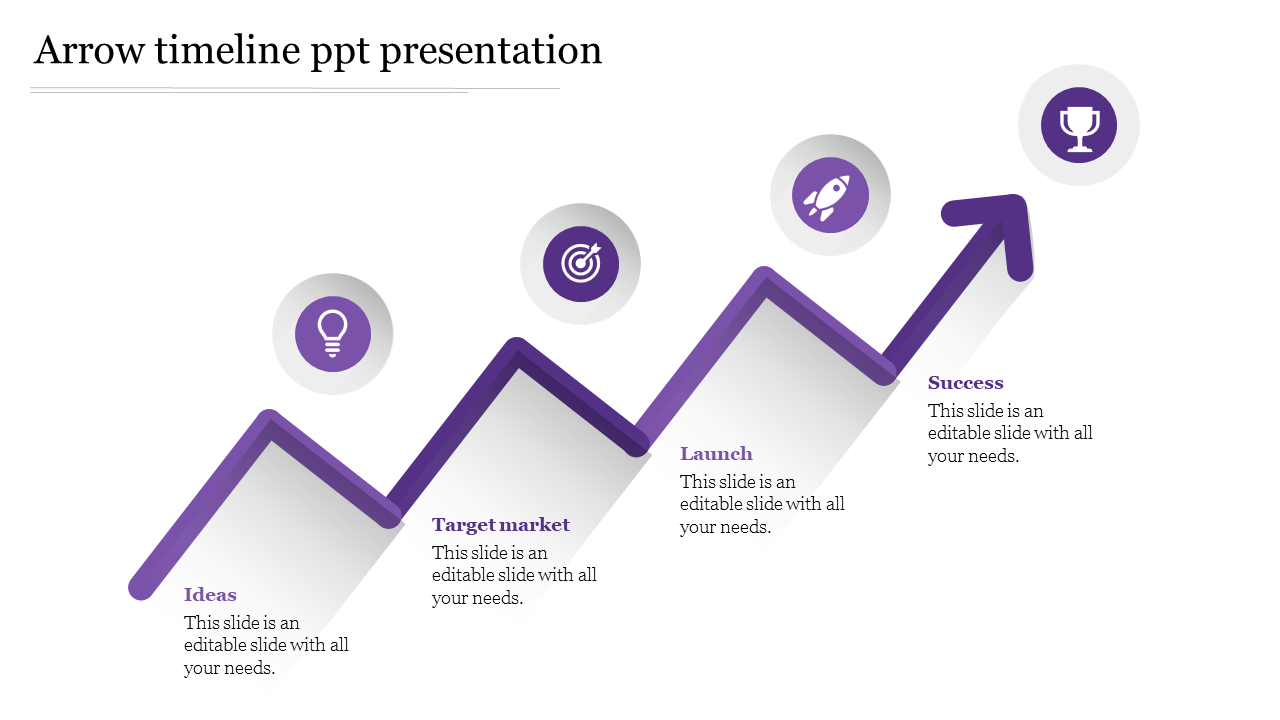 Arrow timeline diagram PowerPoint slide showing steps from ideas to success, with purple arrows and icons for each stage.