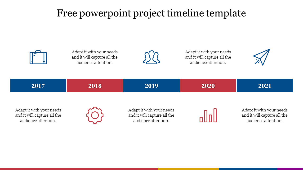 Project timeline PPT template featuring icons for each year from 2017 to 2021 and captions on a white backdrop.