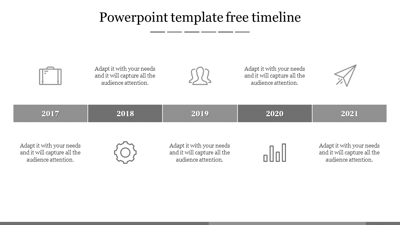 Timeline with gray year blocks from 2017 to 2021, featuring icons and captions on both sides.