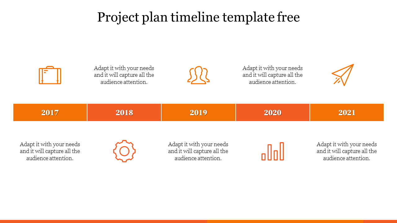 Timeline PPT template with years 2017 to 2021, each marked by orange icons and connected by a horizontal line.