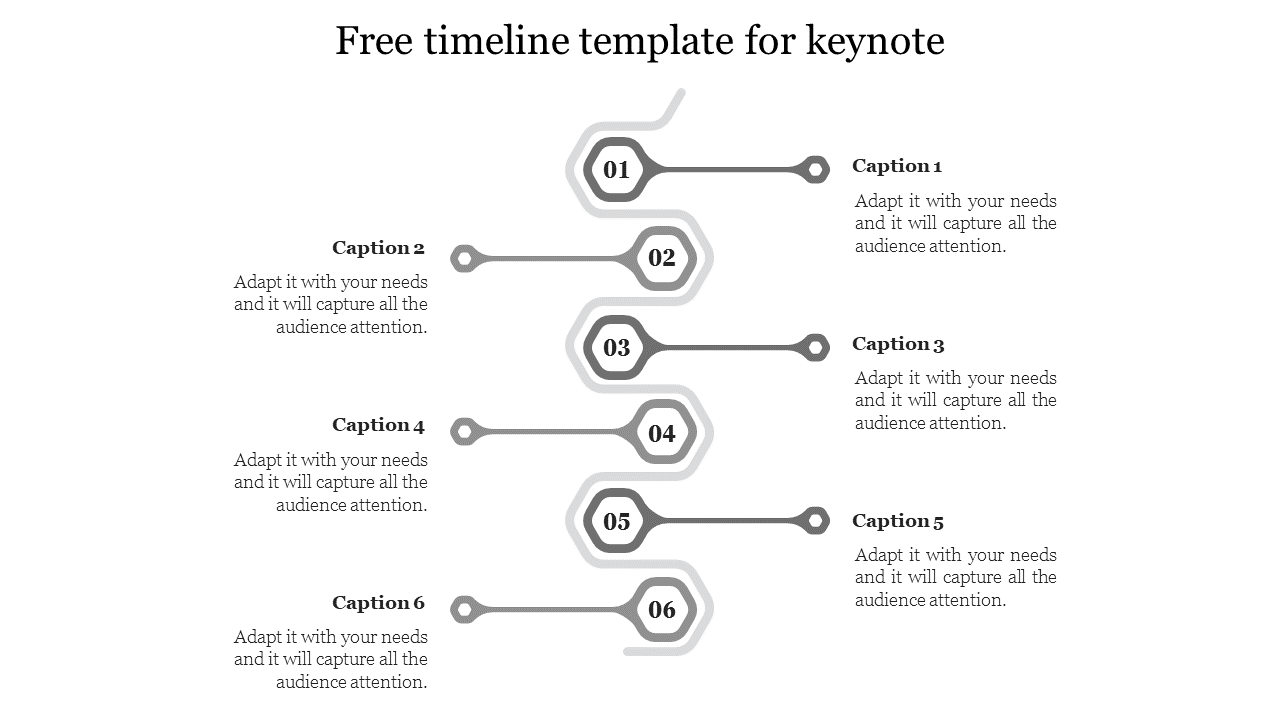  Vertical timeline with six numbered points from 01 to 06, each connected by lines with caption areas on the right side.