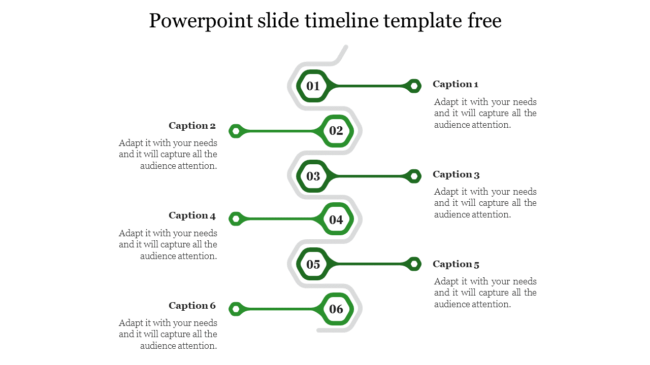 Green timeline with six numbered markers in hexagons connected by lines, each followed by a caption beneath.