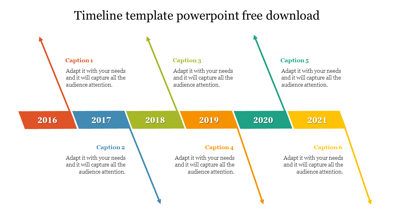 Colorful timeline slide showing a progression from 2016 to 2021, with six caption areas along a horizontal timeline.