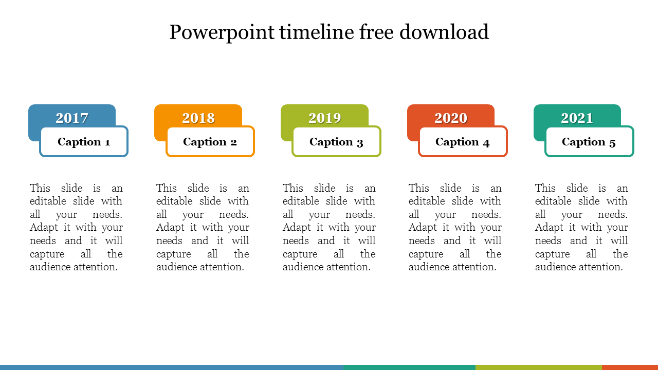 Timeline template featuring five color-coded sections for years 2017 through 2021, with captions areas.