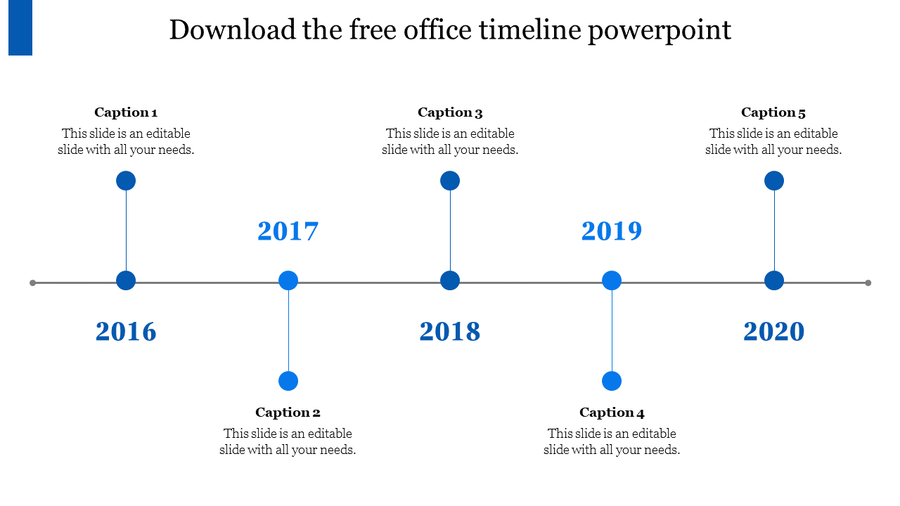 Horizontal timeline from 2016 to 2020, with blue markers and years placed in both sides along with caption areas.