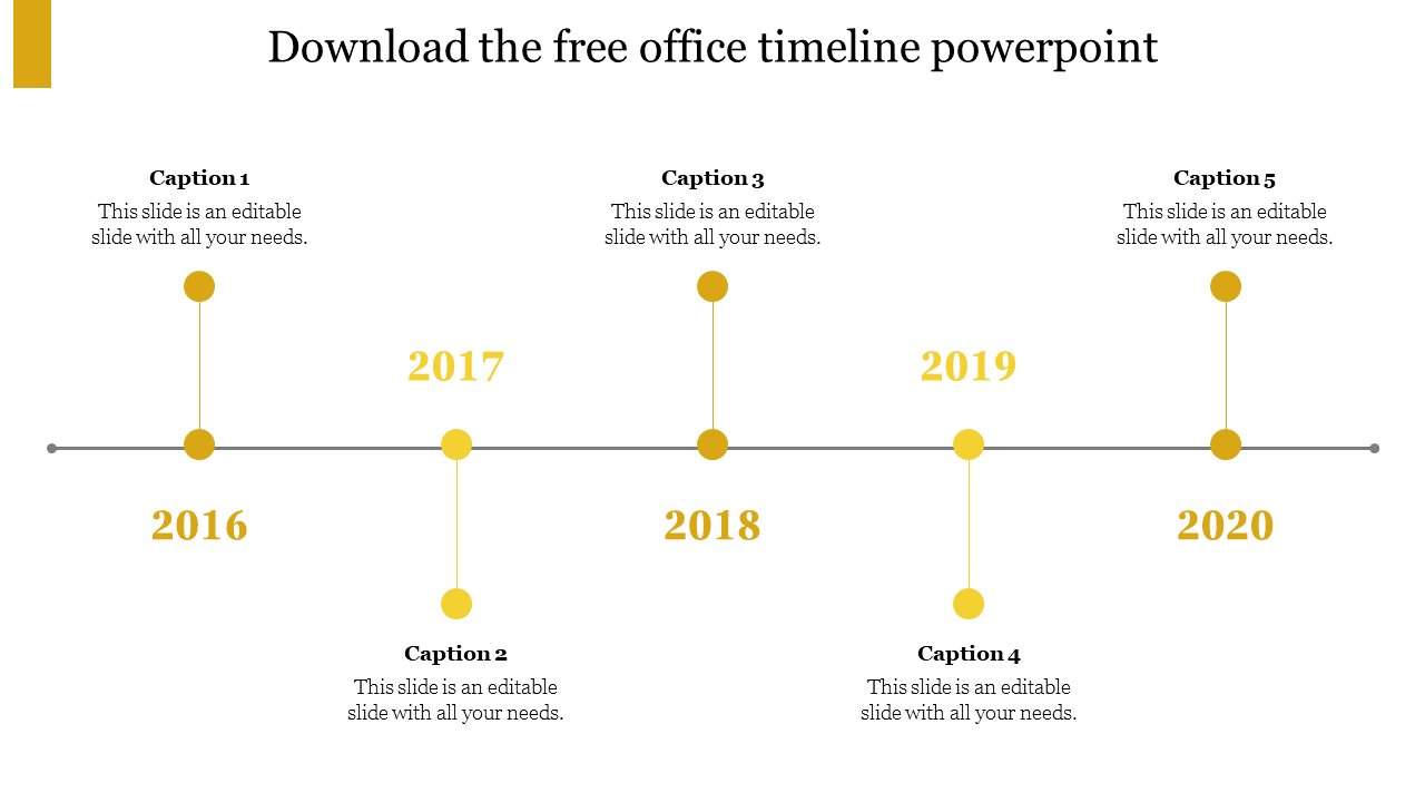 Timeline PPT slide with years from 2016 to 2020, each connected by a yellow horizontal line with captions.