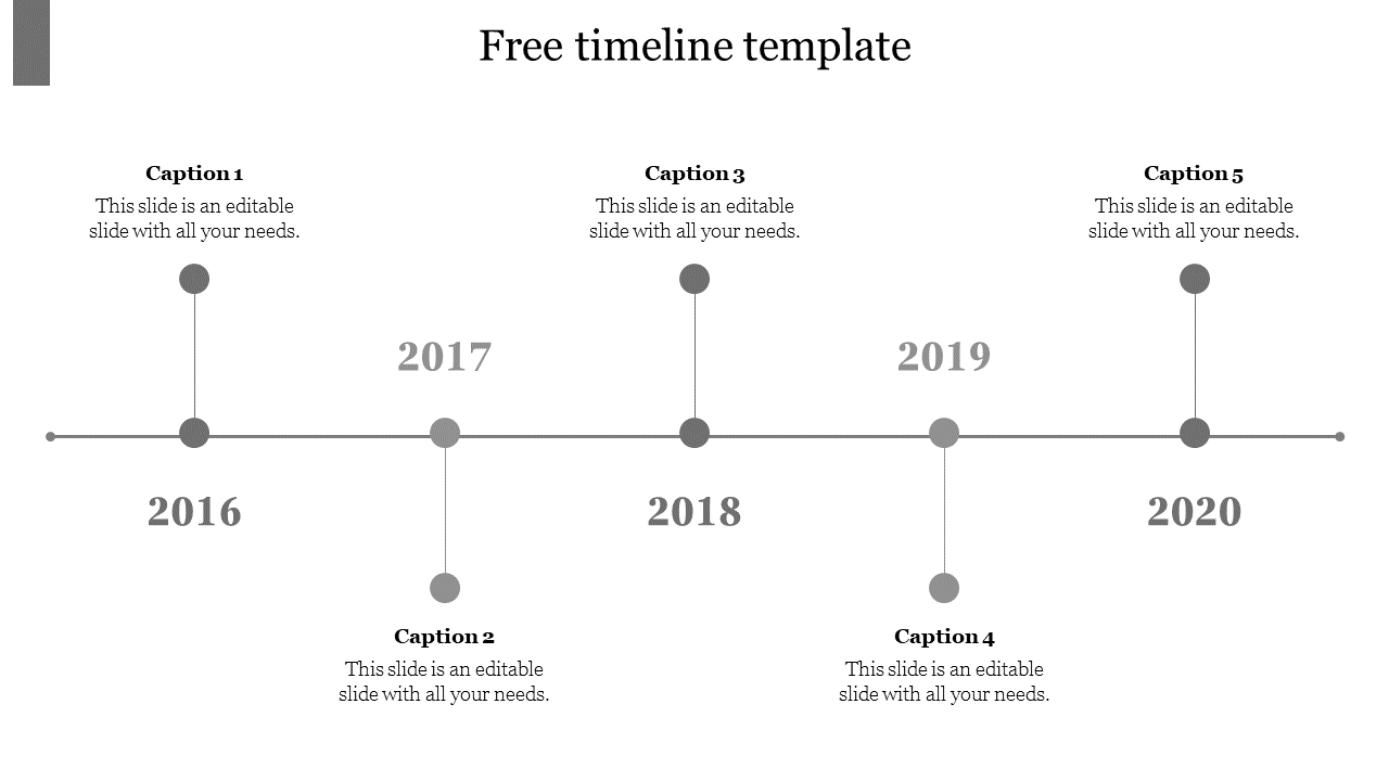 Simple horizontal timeline slide in grey featuring milestones  from 2016 to 2020, each with a corresponding caption.