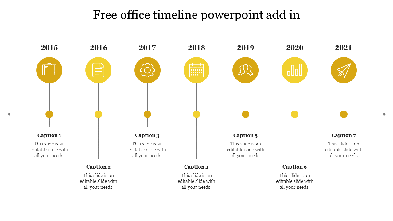 Timeline with seven yellow circles containing icons, connected by a thin line, representing years from 2015 to 2021.