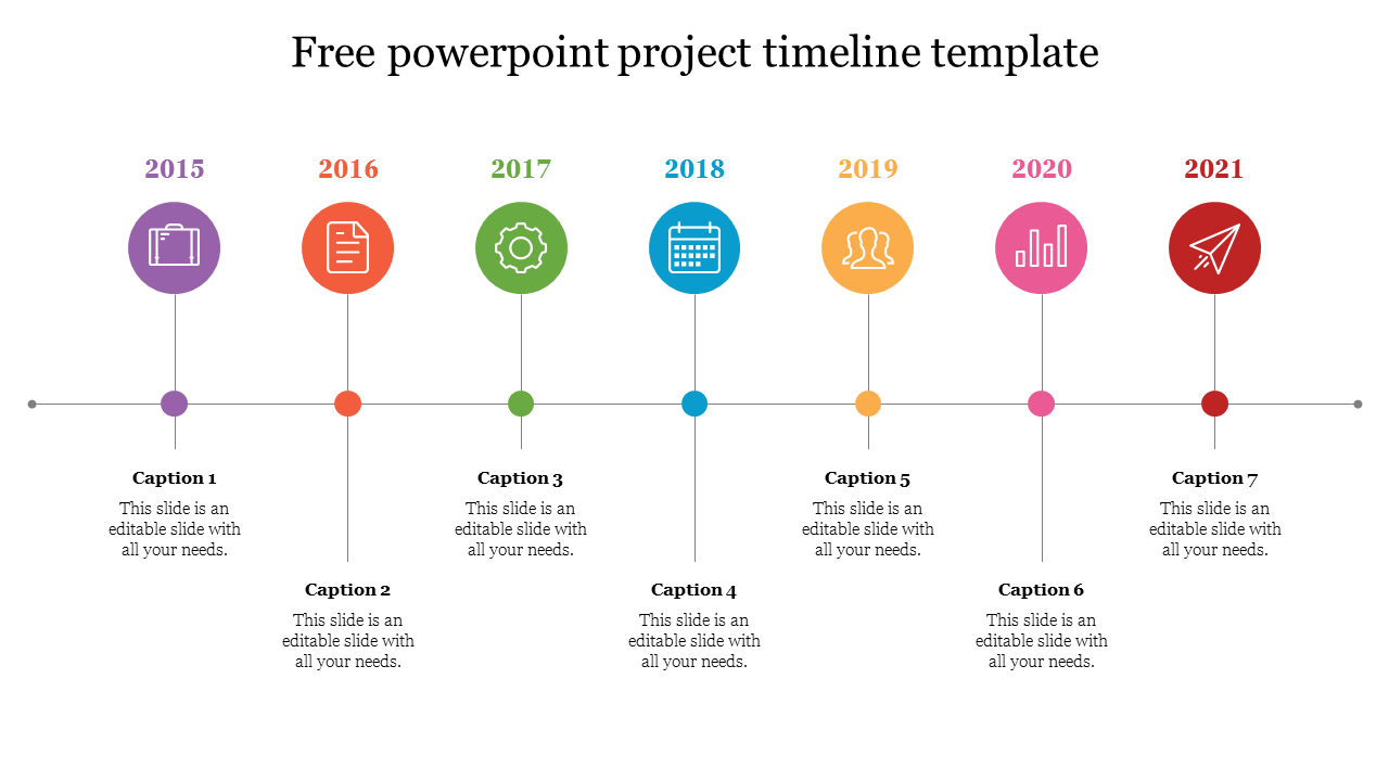 Project timeline spanning 2015 to 2021, with color-coded icons for each year and placeholders text. 