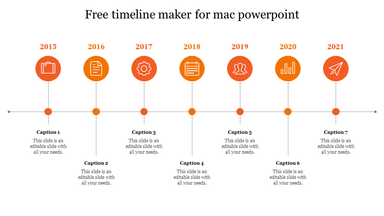 Timeline with orange circular icons from 2015 to 2021, each year represented by an icon, and captions underneath.