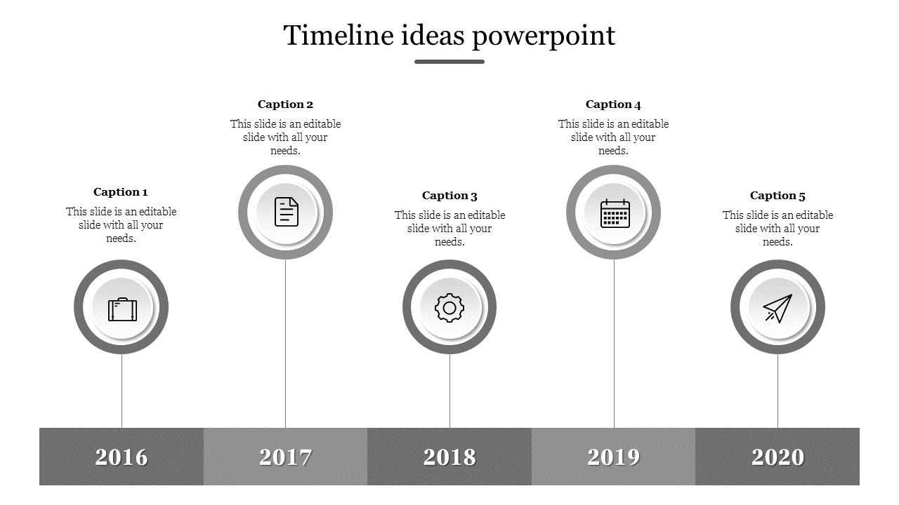 A monochrome timeline infographic spanning from 2016 to 2020, with circular grey icons and captions.