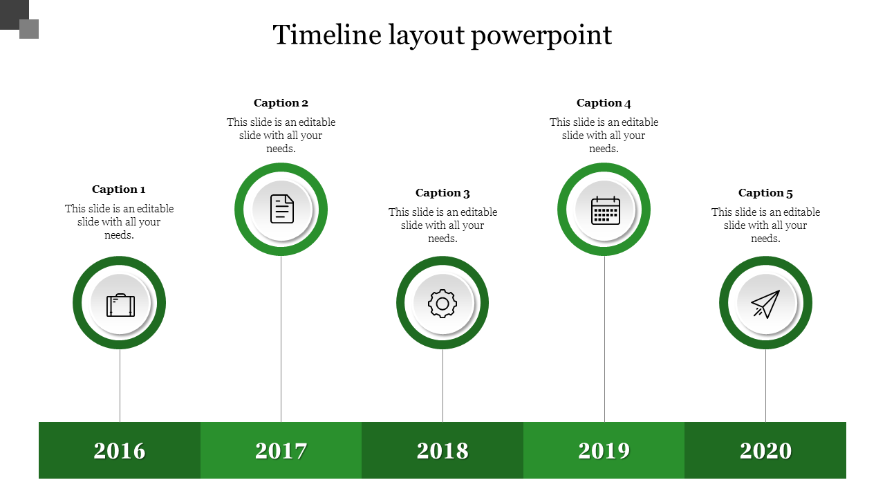 A monochrome timeline infographic spanning from 2016 to 2020, with circular green icons and captions.