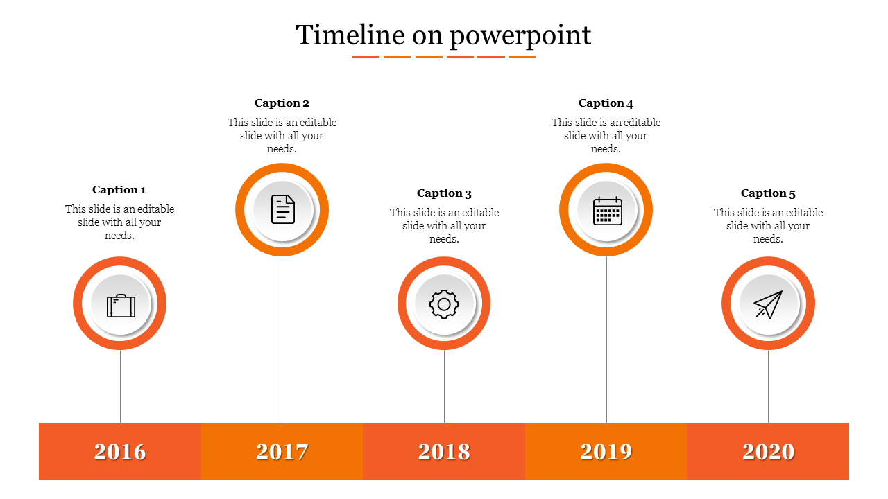 Timeline showcasing five milestones from 2016 to 2020, each represented by icons inside orange circles.