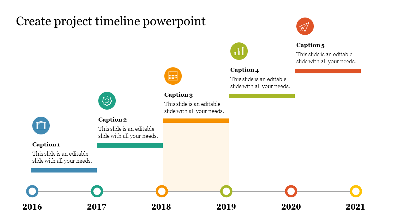 Horizontal timeline with colored circular icons for each year from 2016 to 2021 and matching caption boxes are placed above.