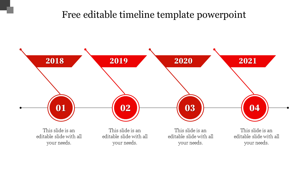 Timeline slide with red triangular labels for years and numbered circular steps from 01 to 04, on a black horizontal line.