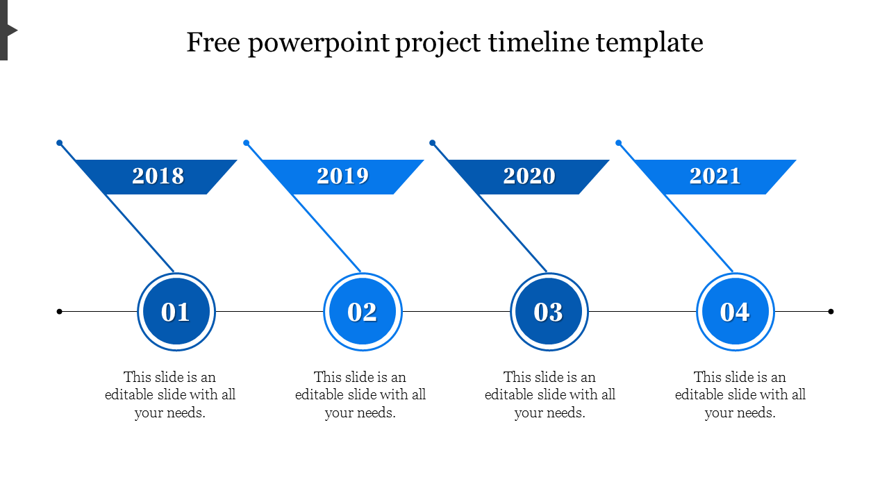 Blue project timeline PPT template highlighting milestones from 2018 to 2021 with numbered steps and placeholder text.